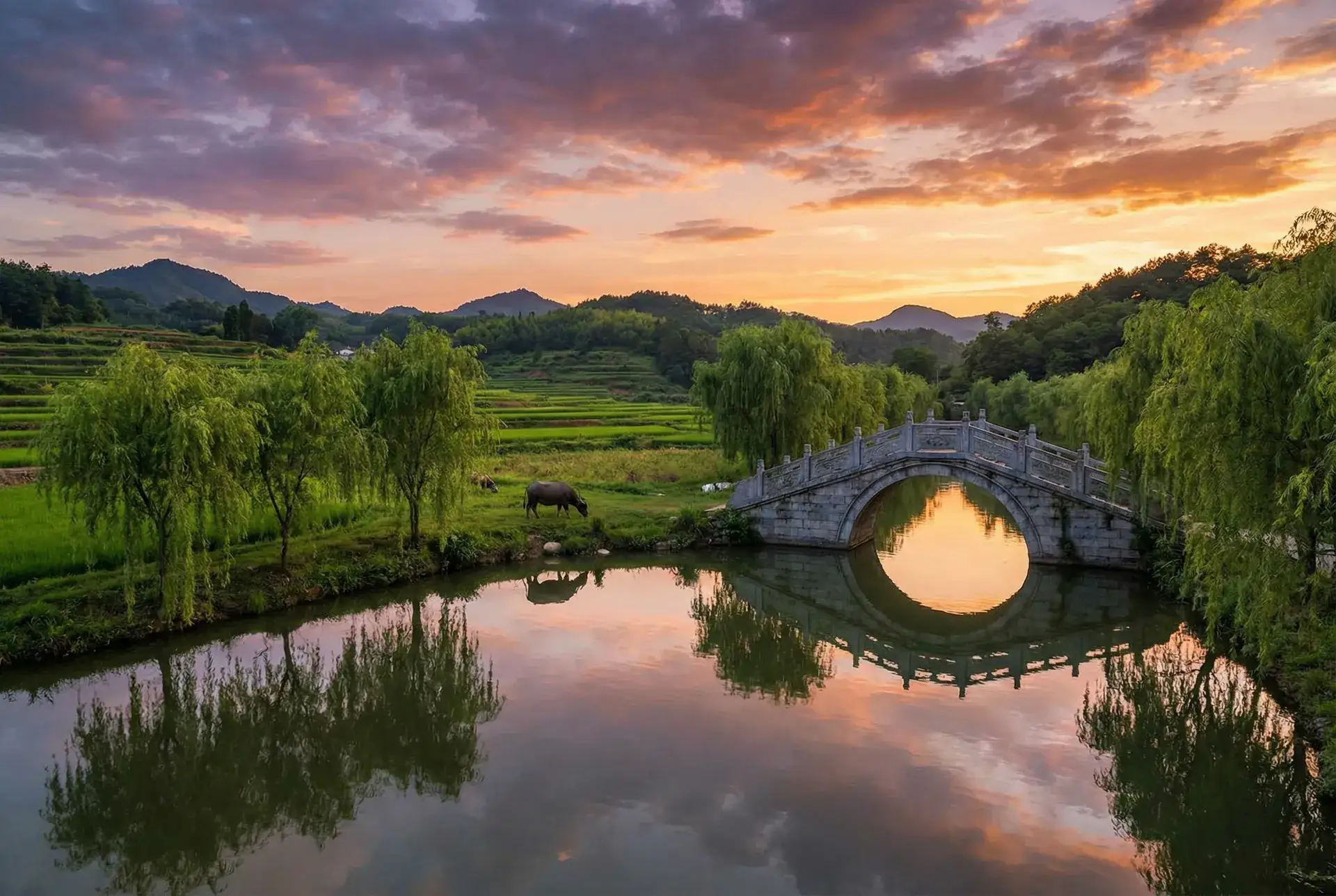 夕阳下的石拱桥与垂柳，水牛在河边吃草 - 想想办法吧爸爸 网盘 乡村美景